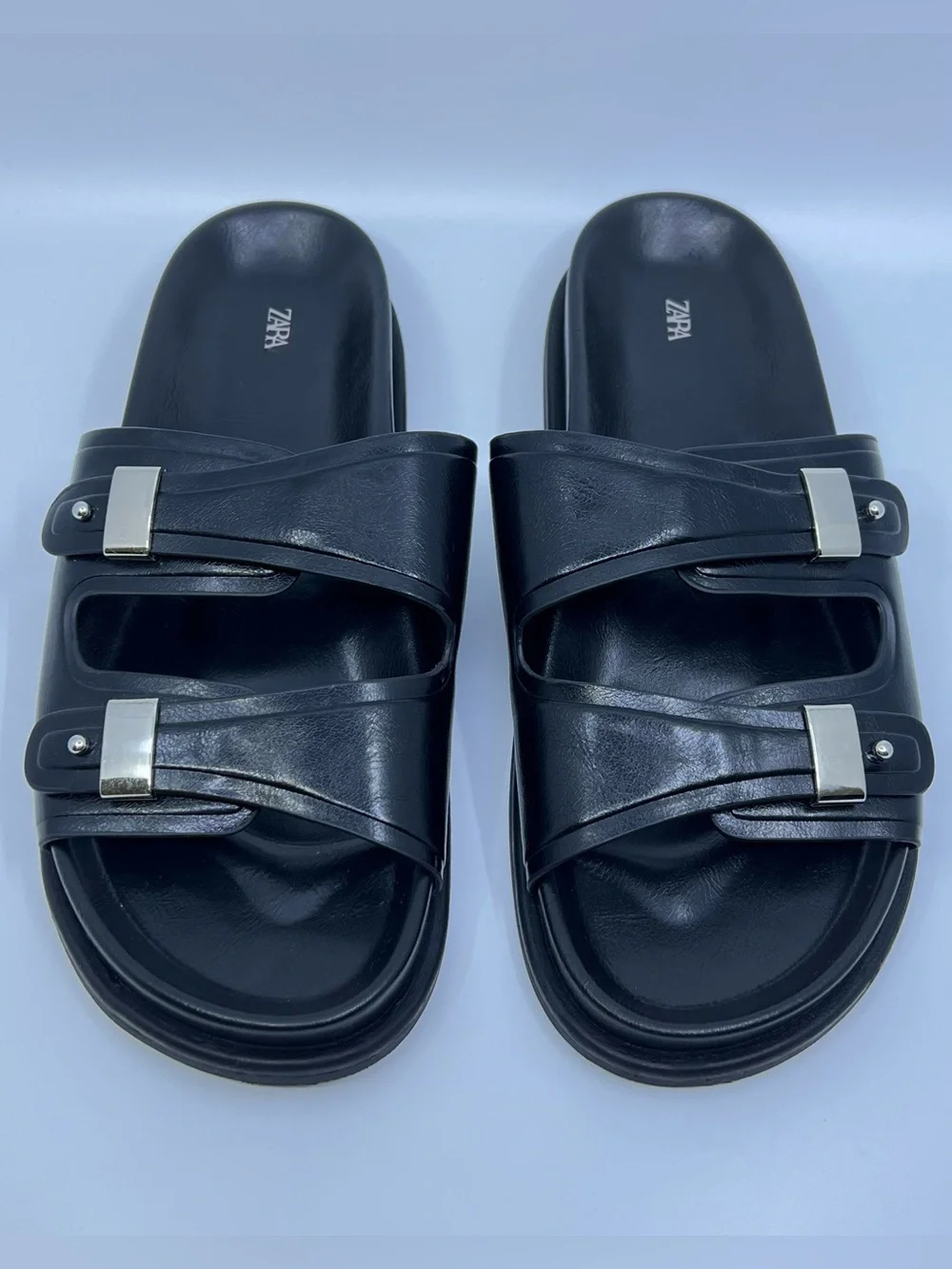 Zara Double Strap Flat Sandal | Black | Size 8 (39) - Picture 2 of 12